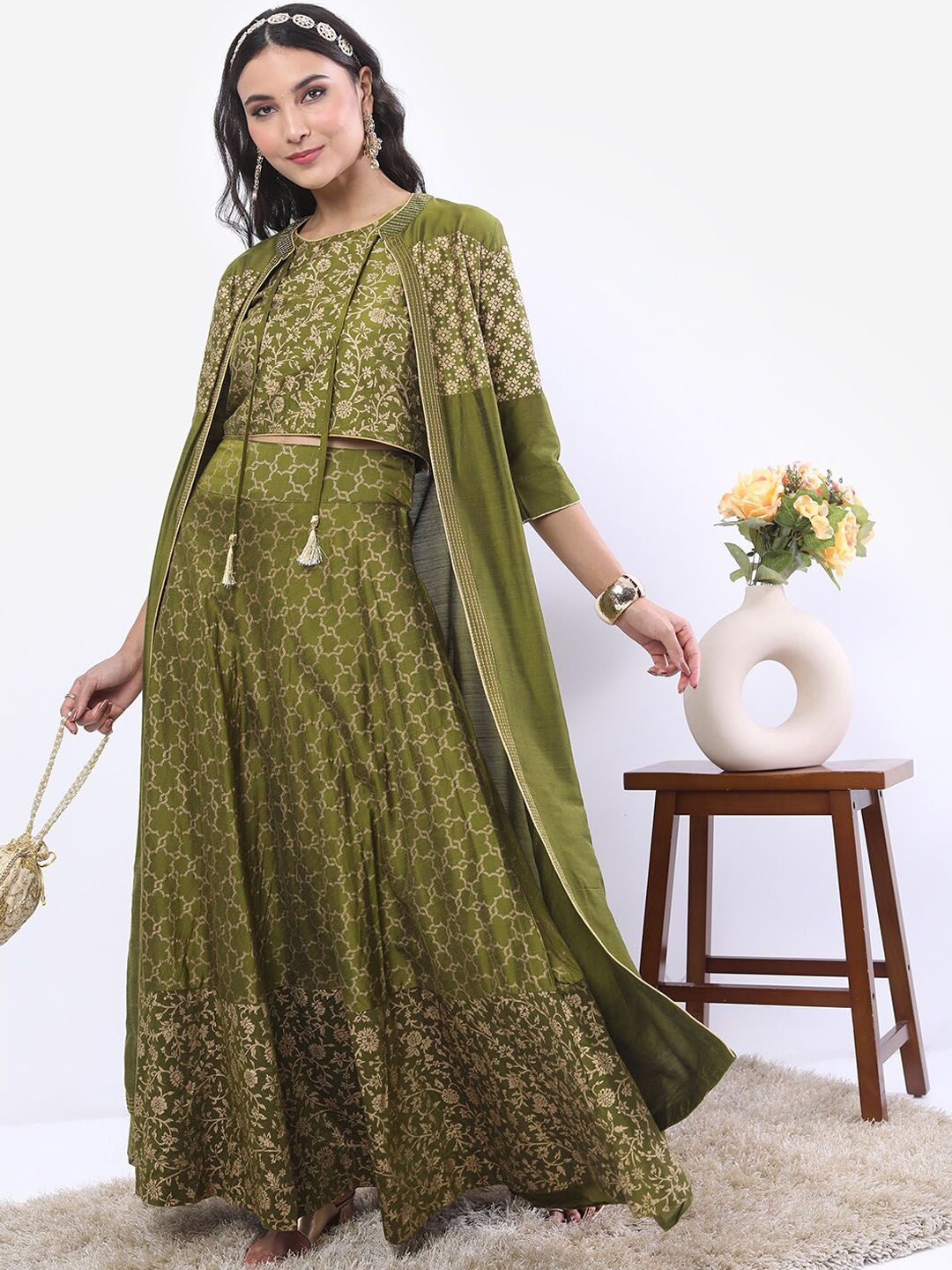 Vishudh Women Olive Green Printed Crop Top With Skirt And Jacket