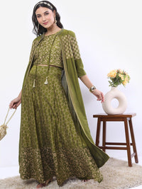 Vishudh Women Olive Green Printed Crop Top With Skirt And Jacket