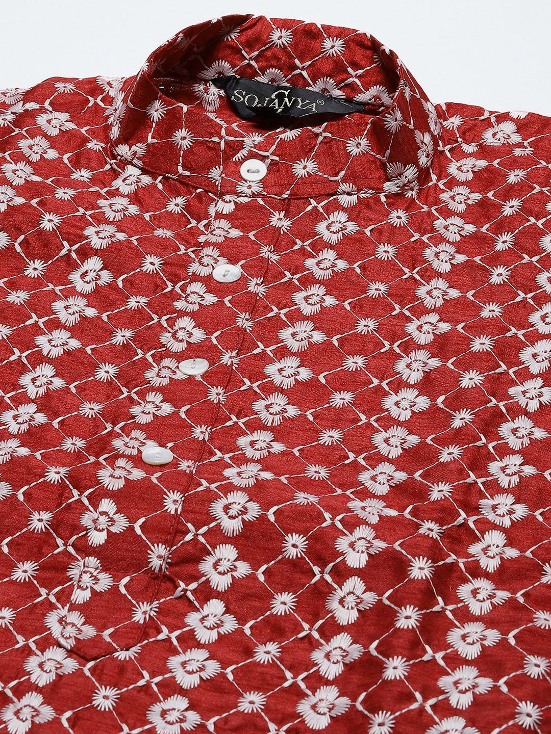 SOJANYA Men Maroon & White Ethnic Motifs Embroidered Kurta