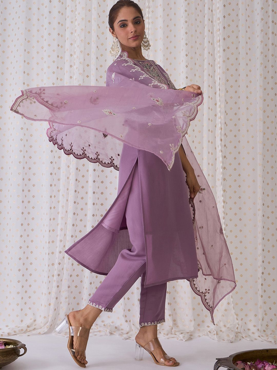 Indo Era Floral Embroidered Round Neck Thread Work Kurta with Trousers & Dupatta