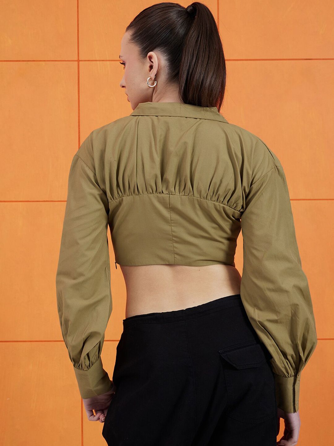 STREET 9 Green Shirt Collar Cuffed Sleeves Pure Cotton Crop Empire Top