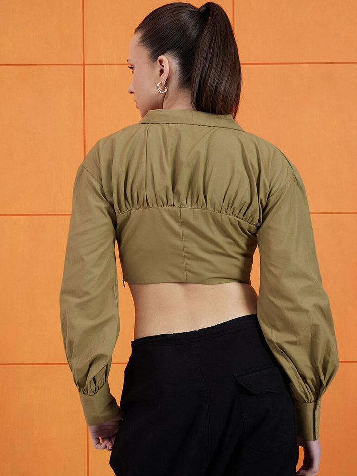 STREET 9 Green Shirt Collar Cuffed Sleeves Pure Cotton Crop Empire Top