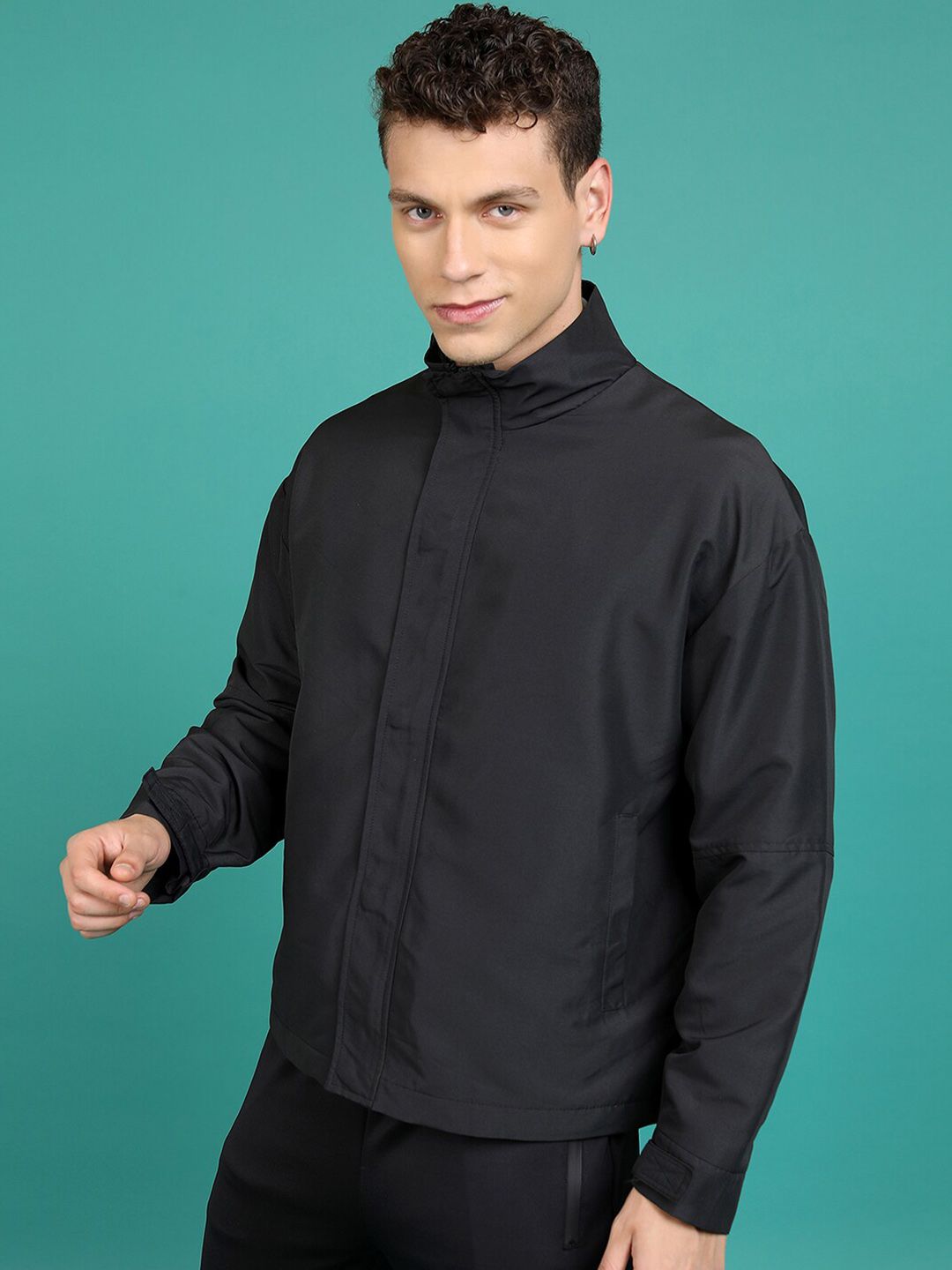 HIGHLANDER Black Mock Collar Bomber Jacket
