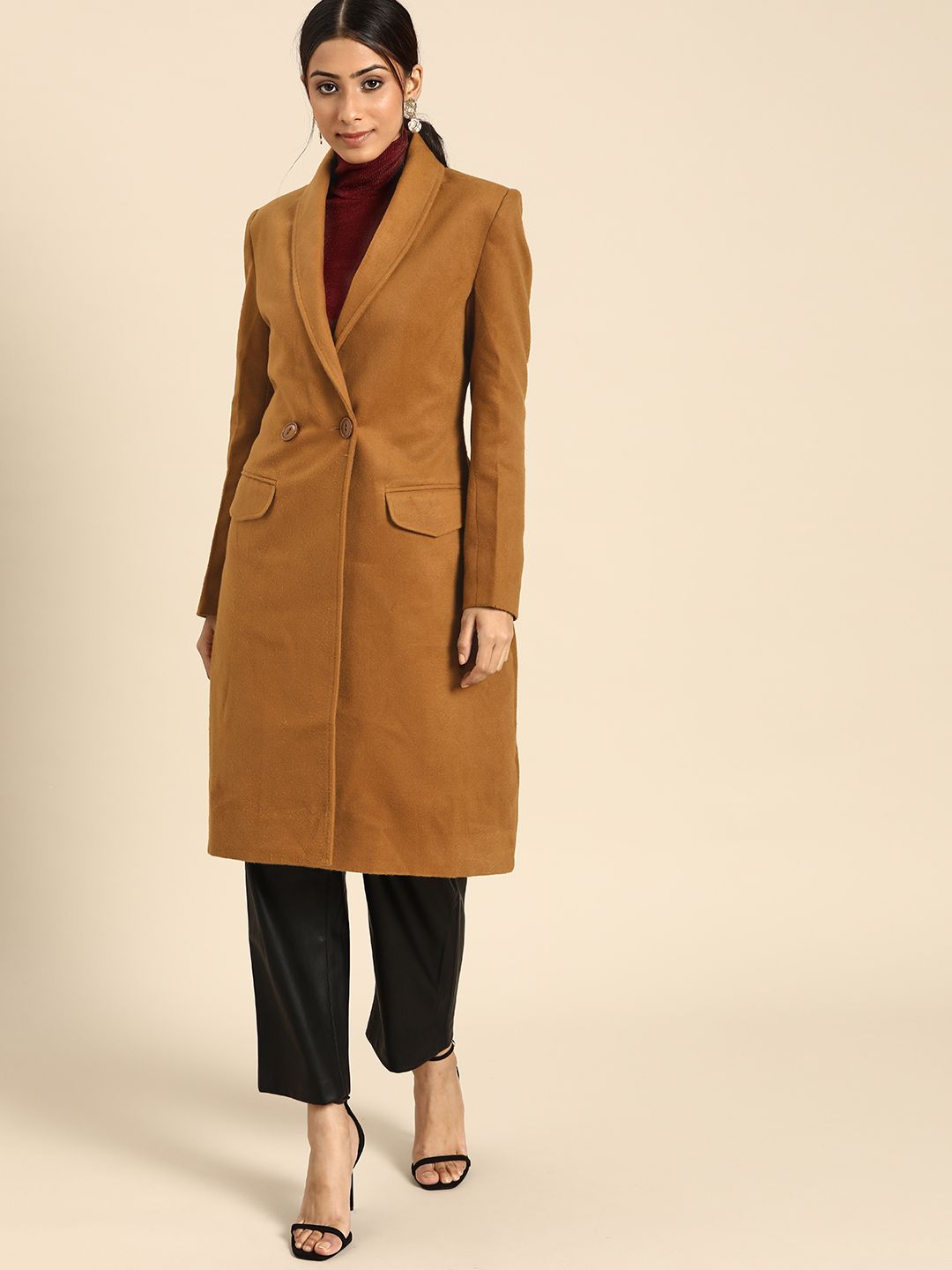 all about you Women Brown Solid Regular Fit Overcoat