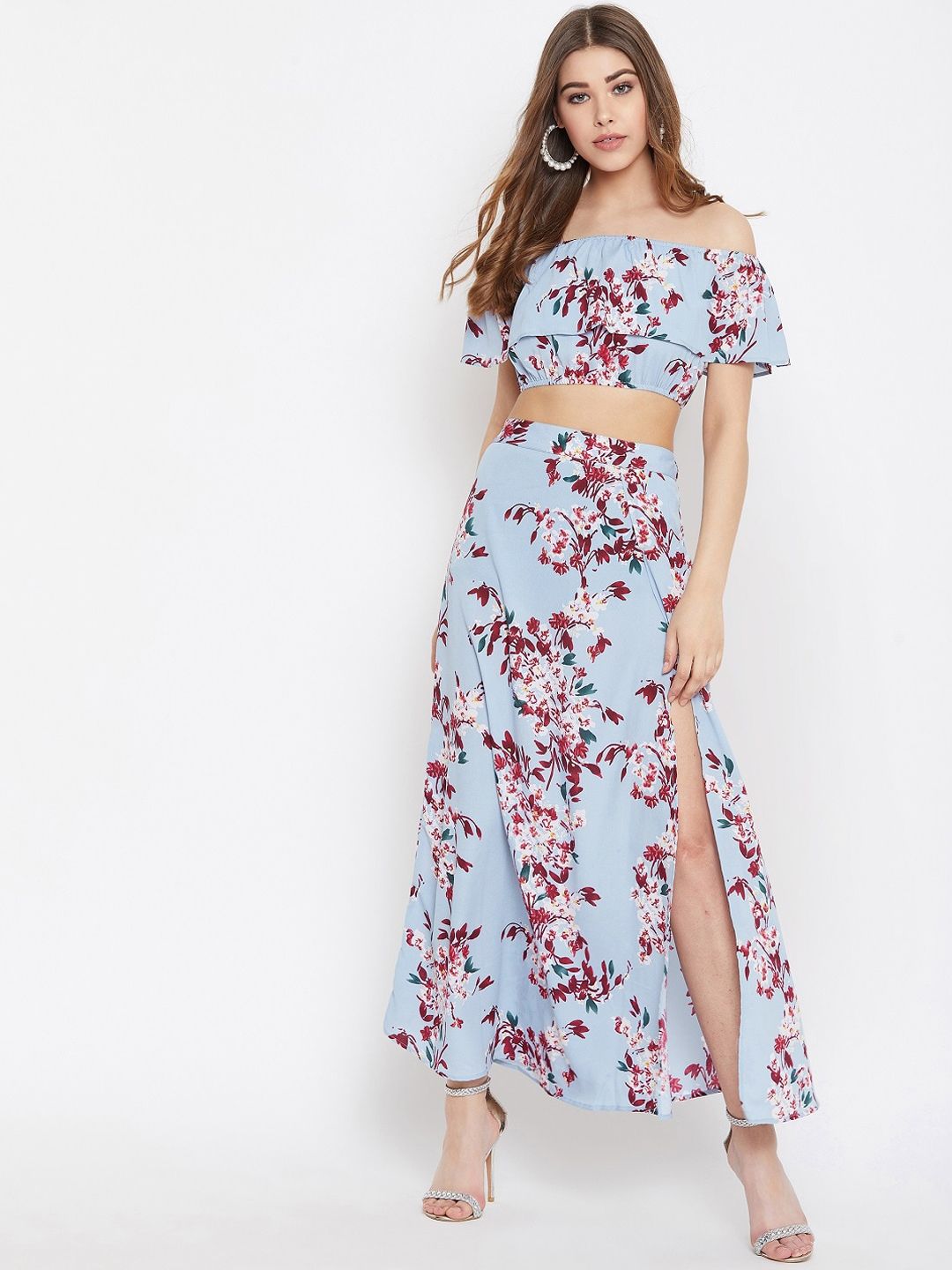 Berrylush Blue & Maroon Floral Printed Two Piece Dress