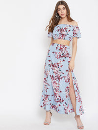 Berrylush Blue & Maroon Floral Printed Two Piece Dress