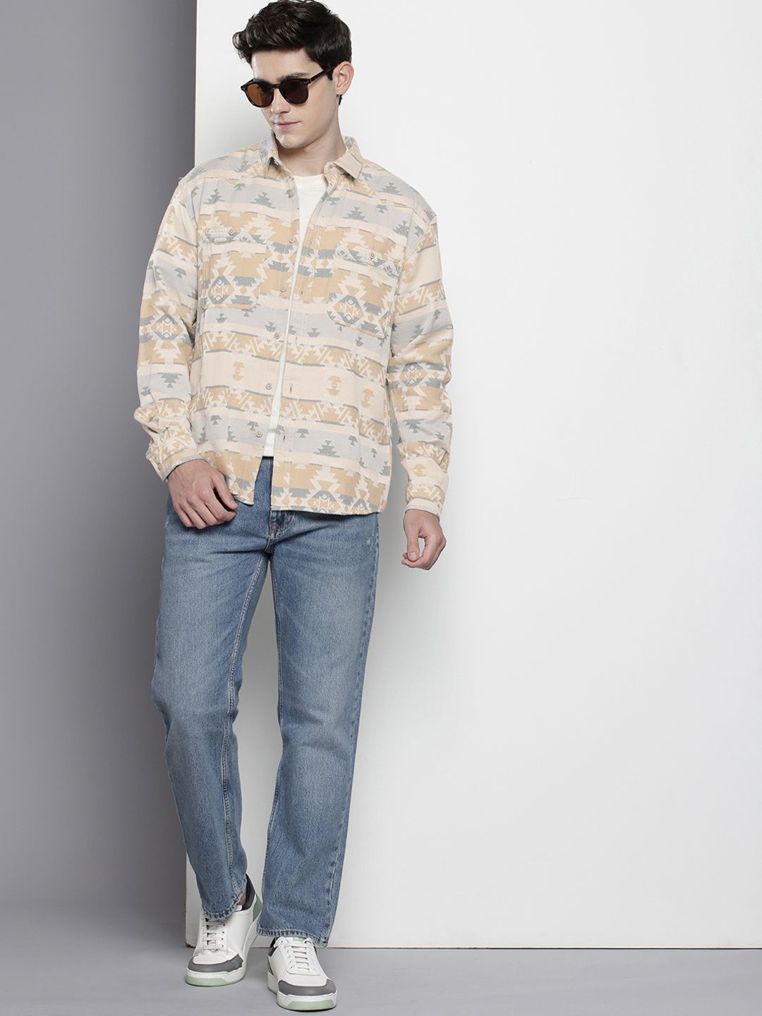 The Indian Garage Co Self-Design Ethnic Drop-Shoulder Sleeves Relaxed Fit Casual Shirt