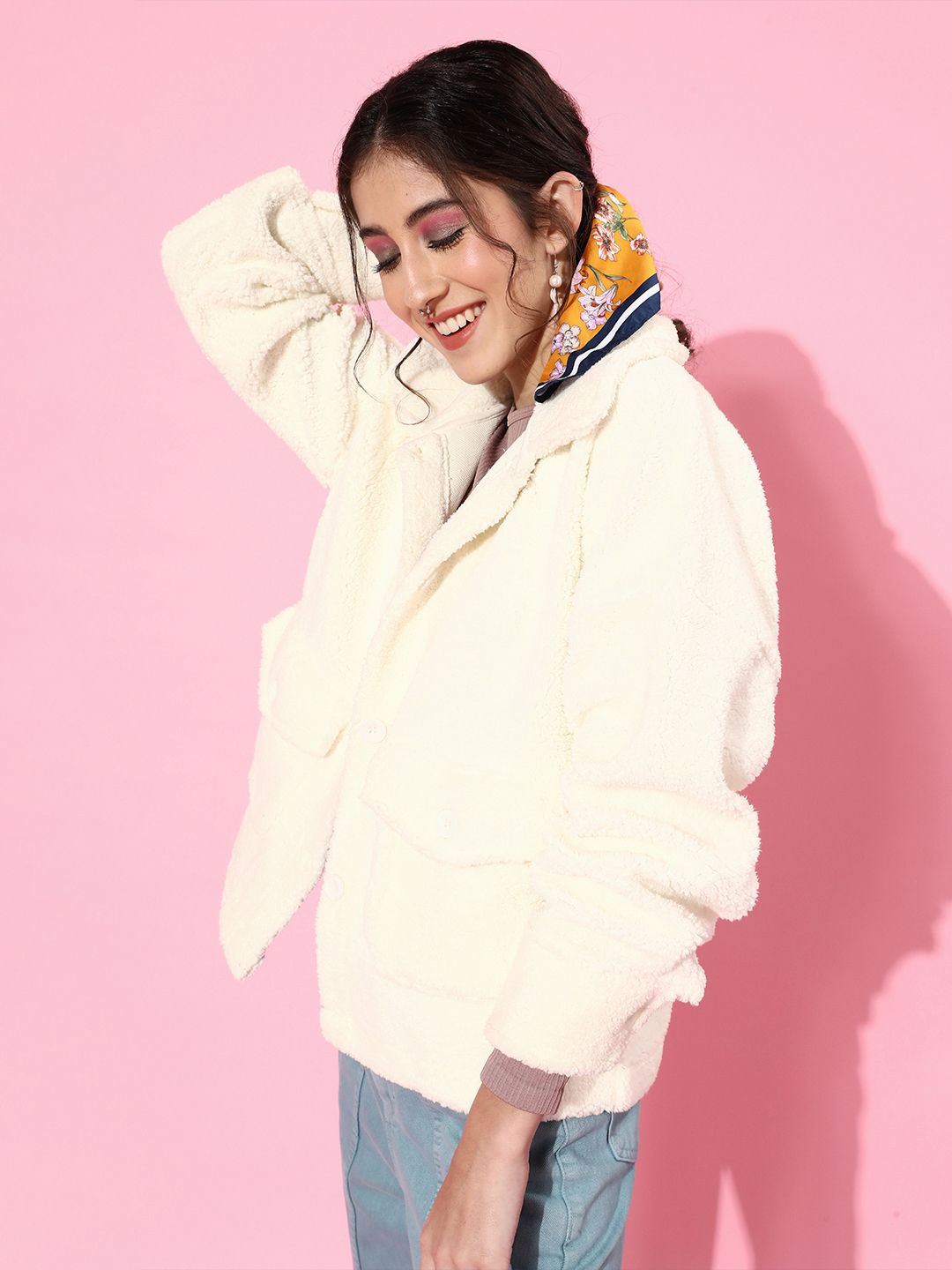SASSAFRAS Women White Solid Faux Fur Tailored Jacket