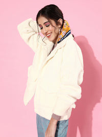 SASSAFRAS Women White Solid Faux Fur Tailored Jacket