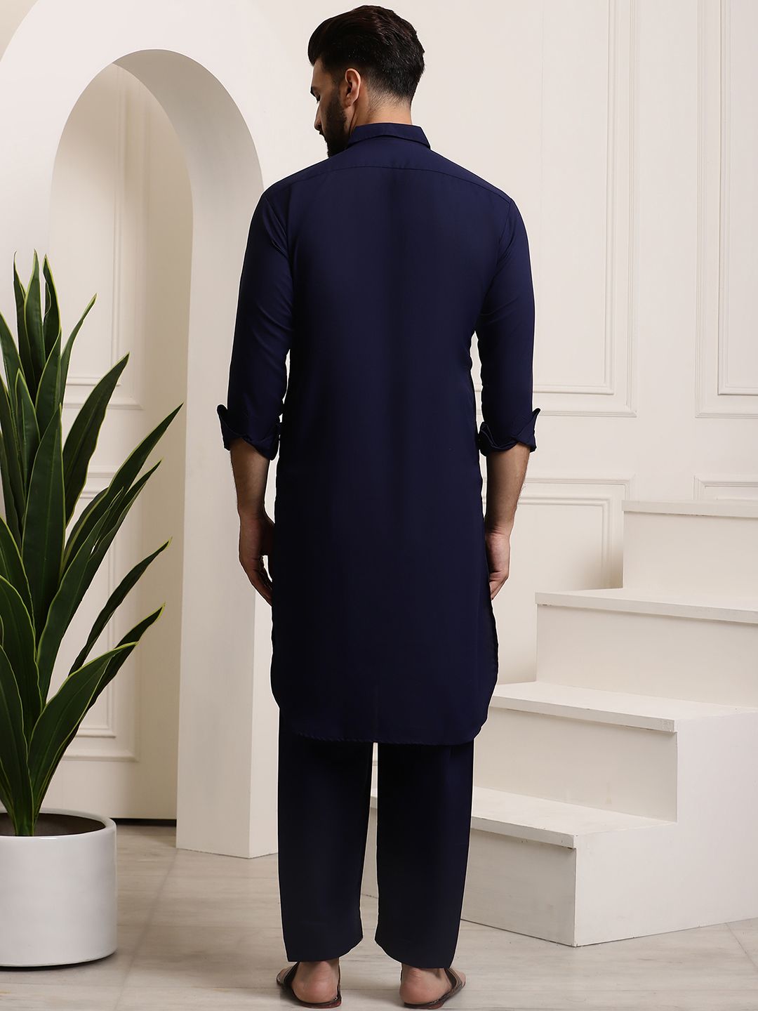 SOJANYA Shirt Collar Curved Hem Pathani Kurta with Salwar