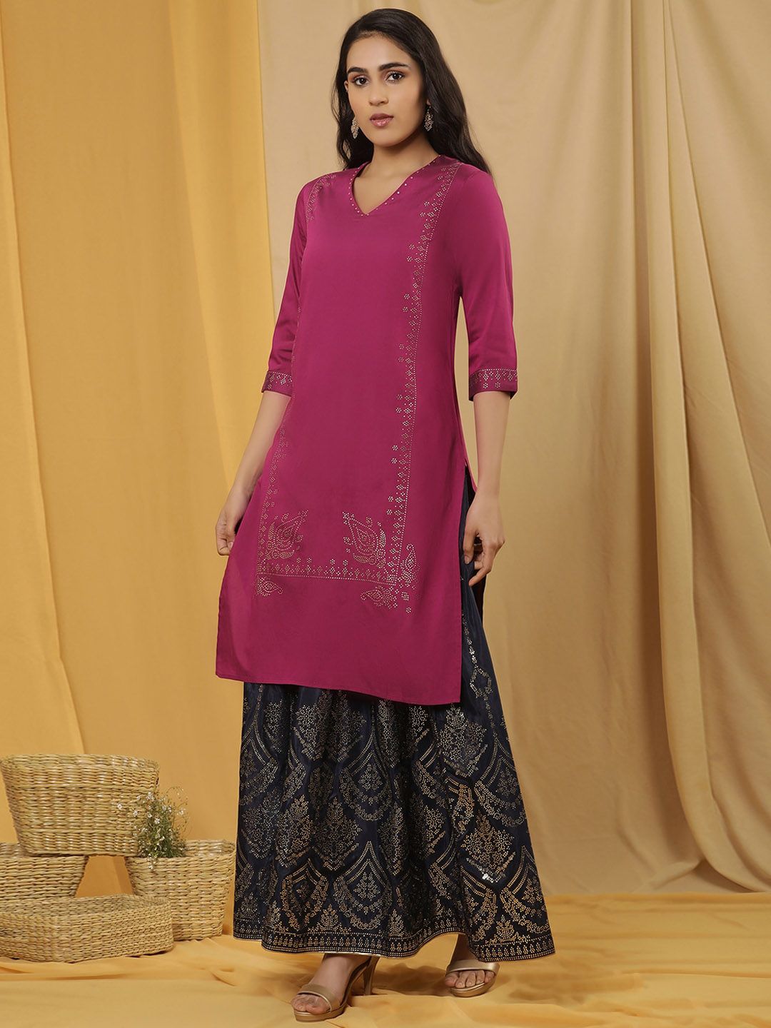 W Geometric Printed Regular Beads and Stones Kurta with Skirt