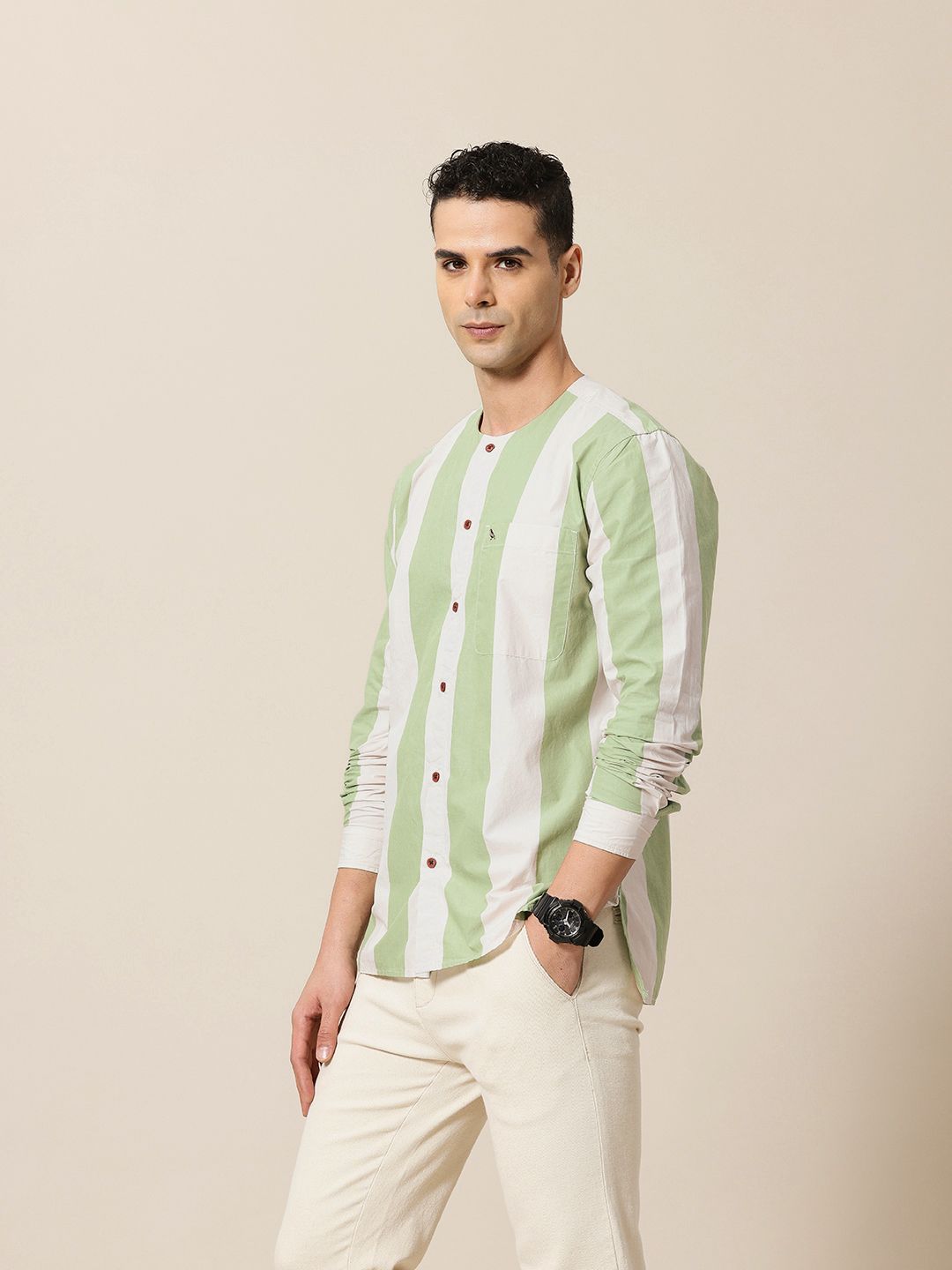 Mr Bowerbird Pure Cotton Collarless Striped Liberal Fit Casual Shirt