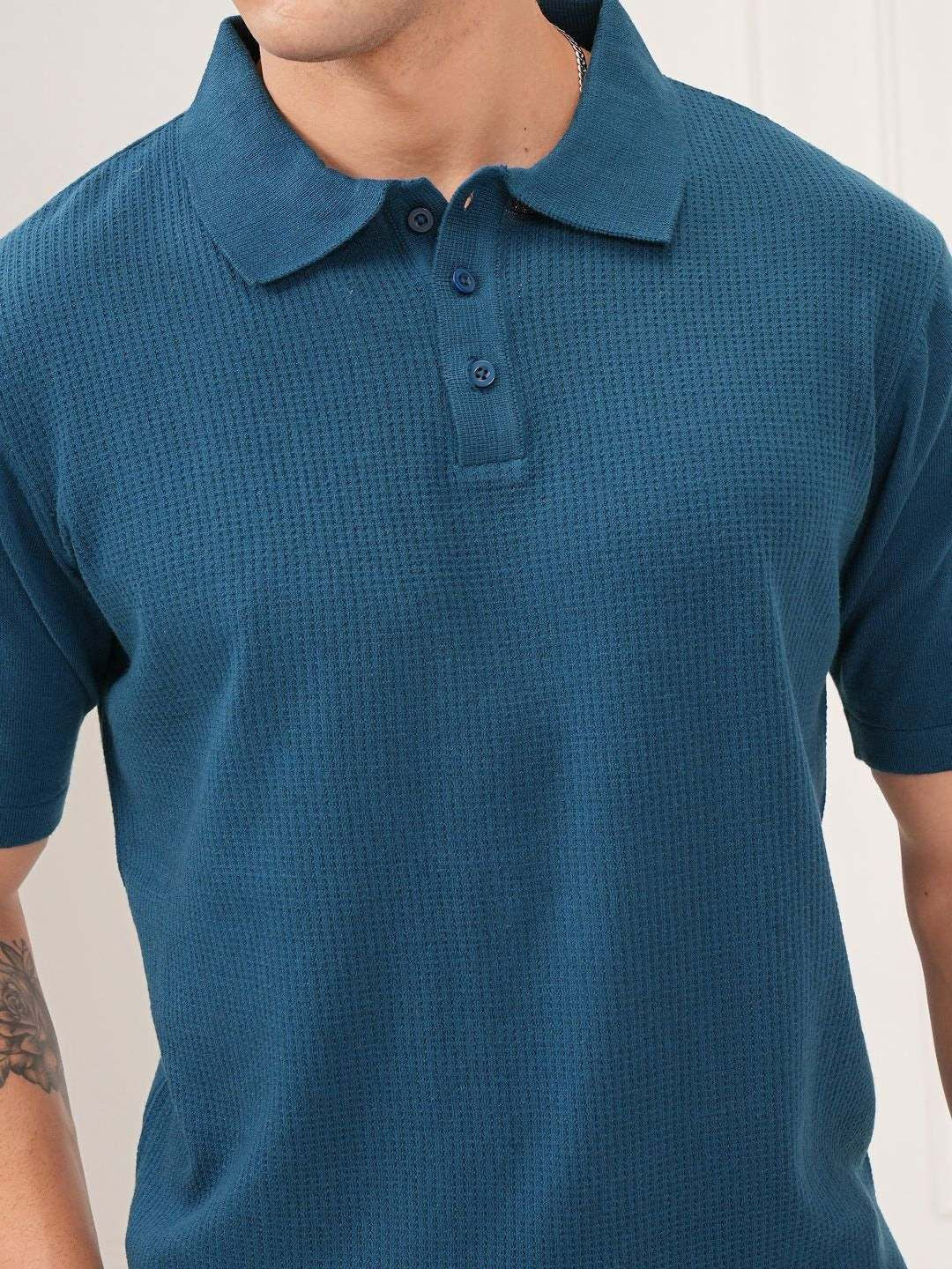 HIGHLANDER Men Textured Relaxed Fit Knitted Polo Collar T-shirt