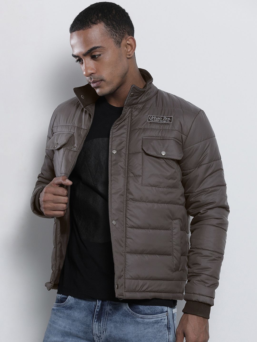 The Indian Garage Co Men Charcoal Grey Solid Padded Jacket