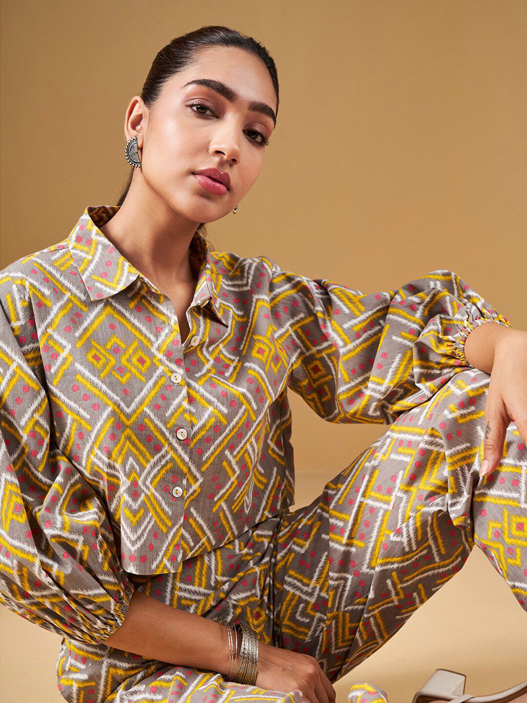 Global Desi Geometric Printed Pure Cotton Shirt With Trousers