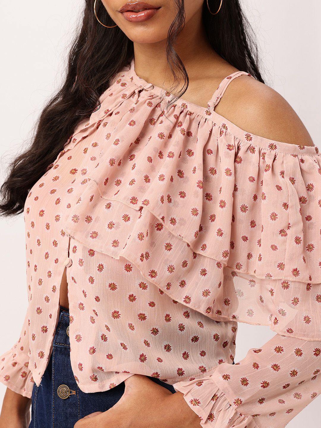 DressBerry Ruffles One-Shoulder Semi Sheer Top