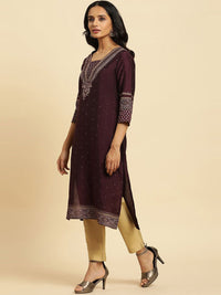 W Purple Floral Yoke Design Sequinned Straight Kurta