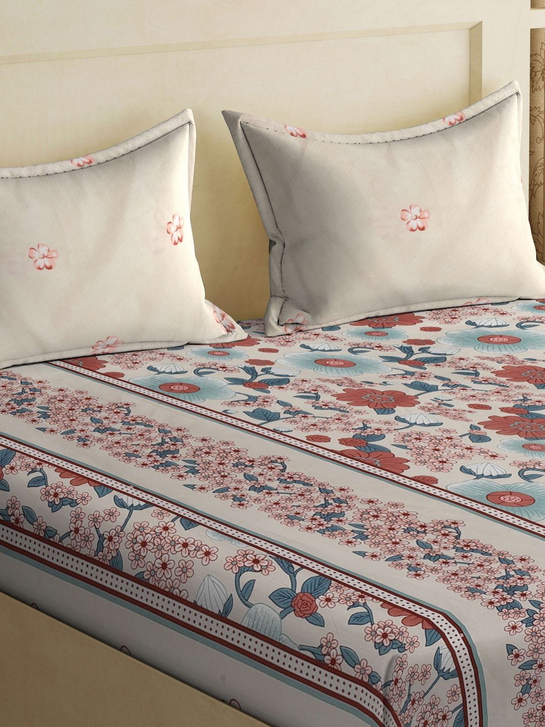 KLOTTHE White & Brown Floral Printed 300 TC King Double Bedsheet With 2 Pillow Covers