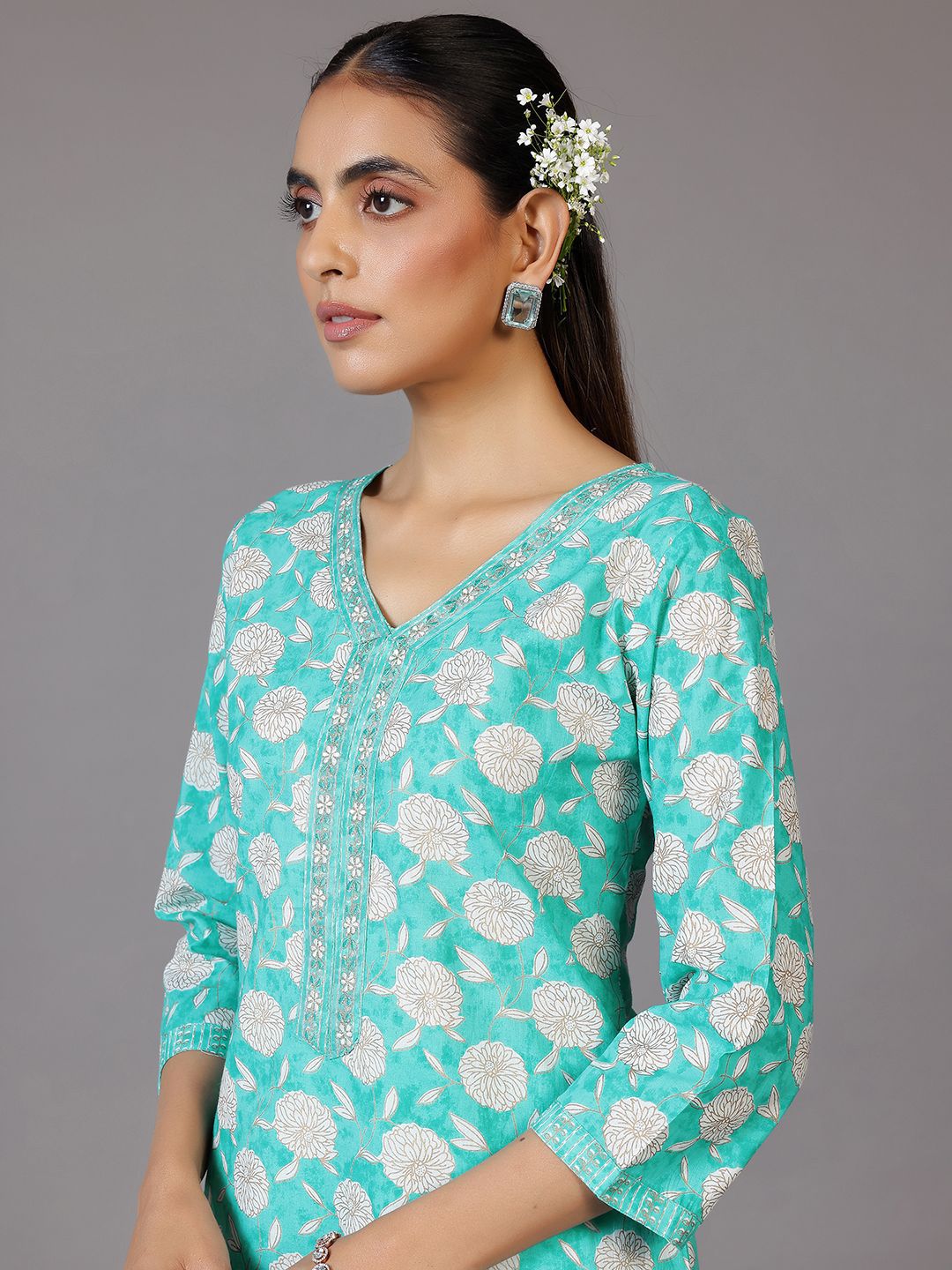 Libas Floral Printed V-Neck Thread Work Kurta With Trousers & Dupatta