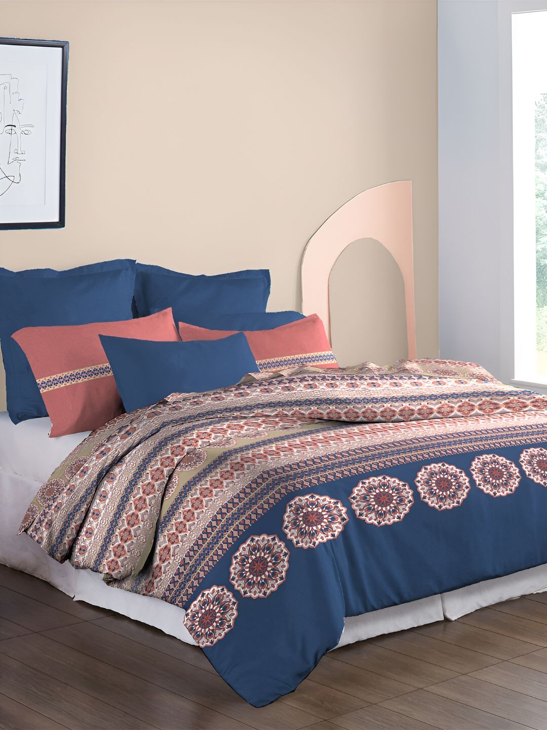 MYTRIDENT Blue & Orange Geometric 210 TC Cotton King Bedsheet with 2 Pillow Covers