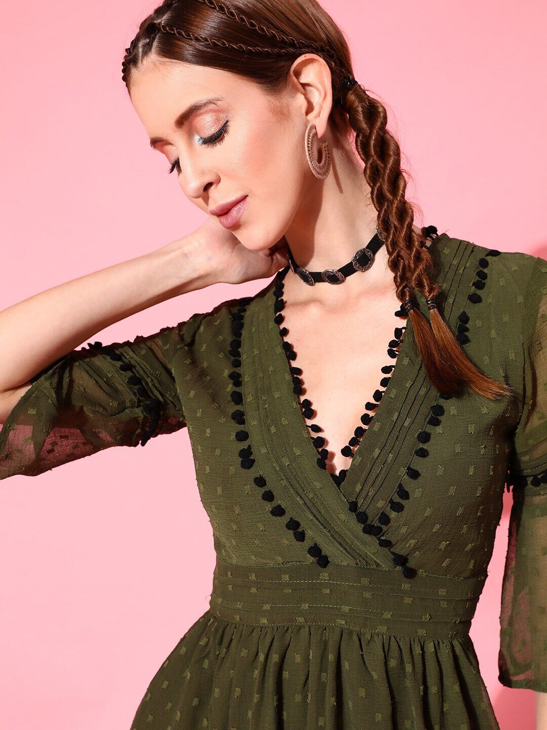 STREET 9 Olive Green Textured Embroidered Chiffon Wrap Dress with flared sheer Sleeves