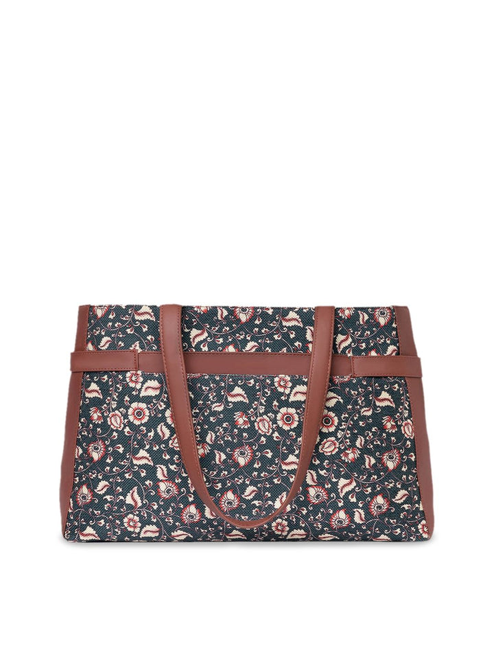 ZOUK Blue Floral Printed Structured Tote Bag