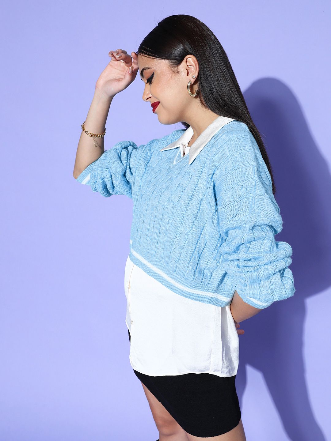 Berrylush Women Turquoise Blue Solid Knits Bits Sweater