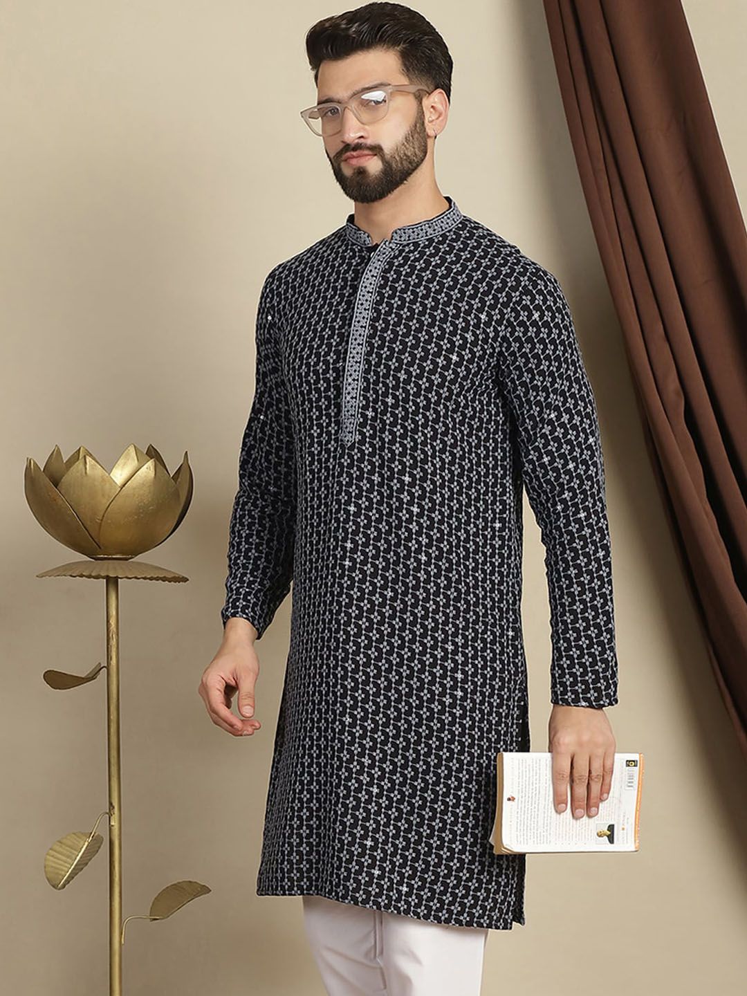 Anouk Kelabu Abstrak Sulam Mandarin Kolar Kapas A-Line Kurta