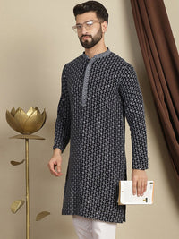 Anouk Kelabu Abstrak Sulam Mandarin Kolar Kapas A-Line Kurta
