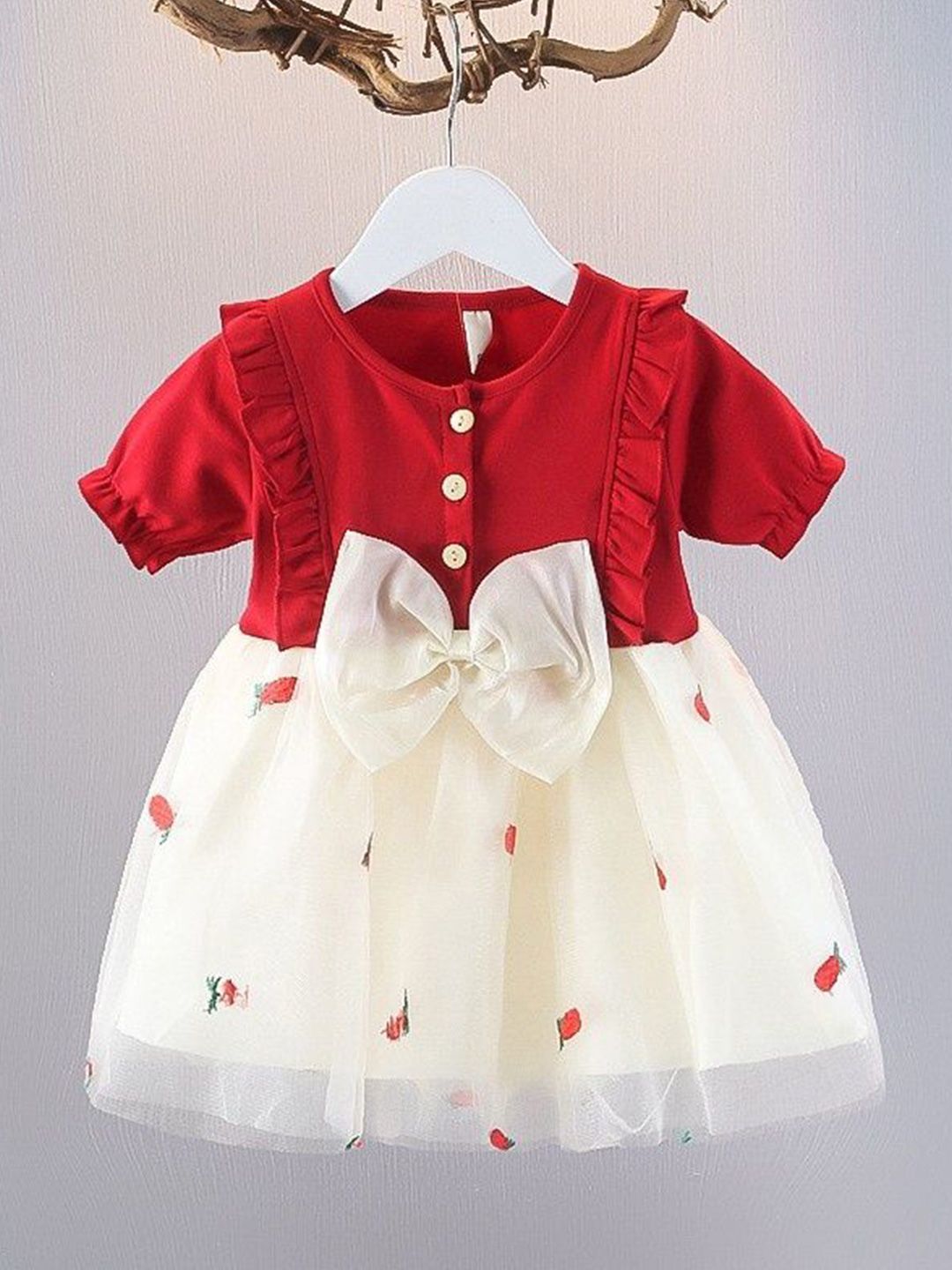 YK Girls Cotton Round Neck Embellished Fit & Flare Dress