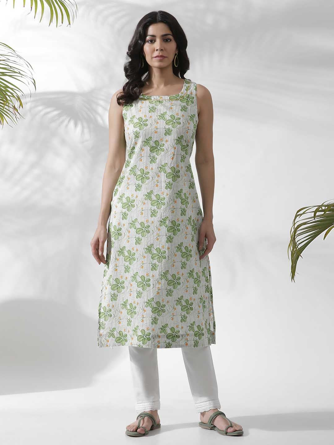 W Floral Printed Thread Work Pure Cotton Straight Kurta