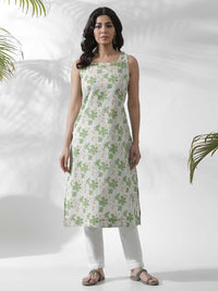W Floral Printed Thread Work Pure Cotton Straight Kurta