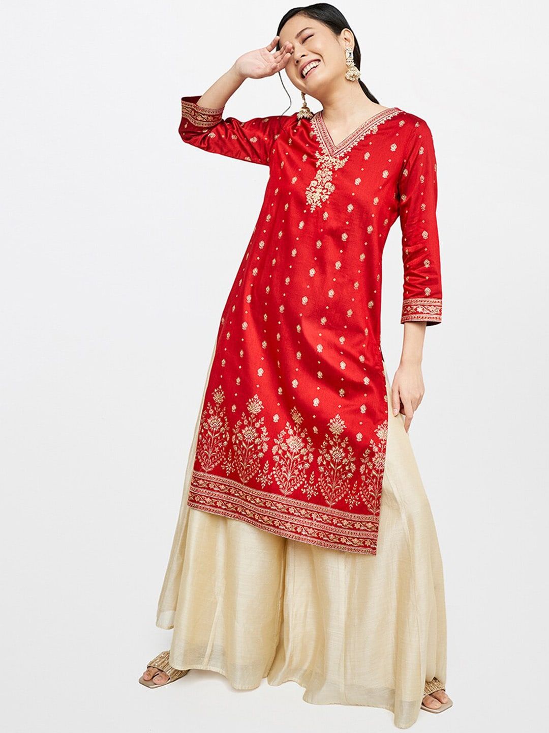 Global Desi Women Red & Gold-Toned Ethnic Motifs Thread Work Kurta