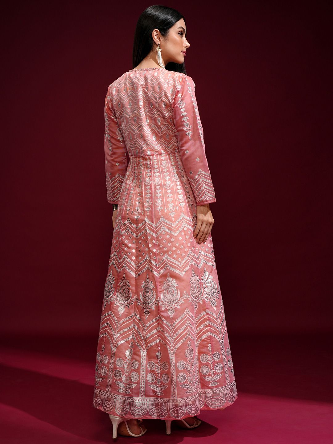 Vishudh Peach-Coloured Ethnic Motifs Layered Ethnic Maxi Dress With Jacket