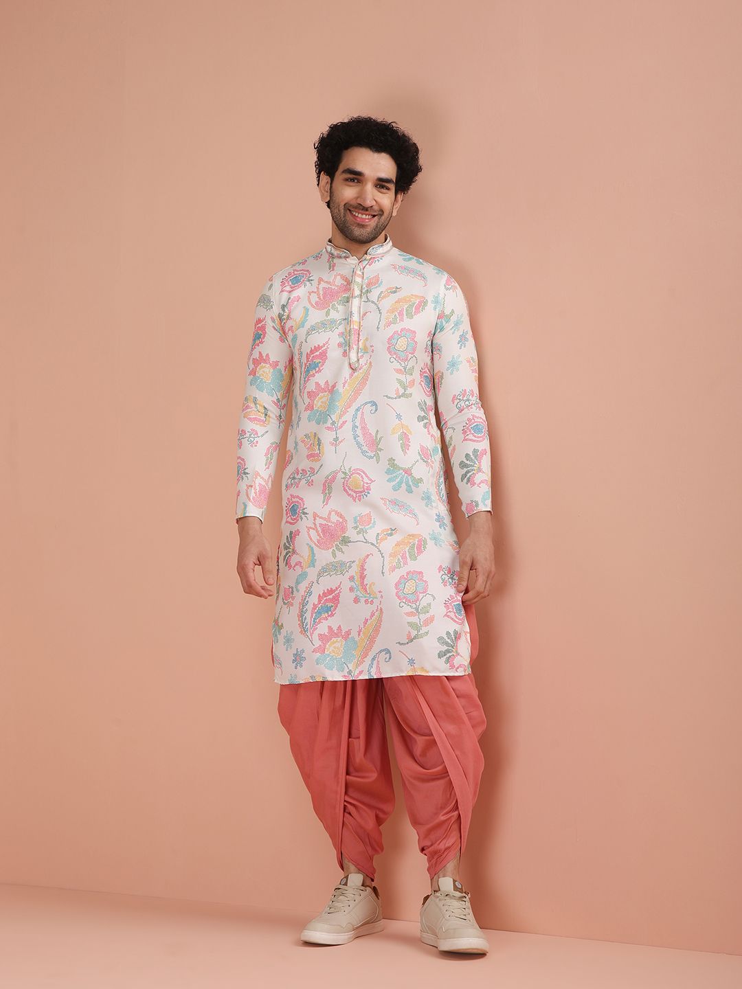 KISAH Floral Printed Mandarin Collar Kurta With Dhoti Pants