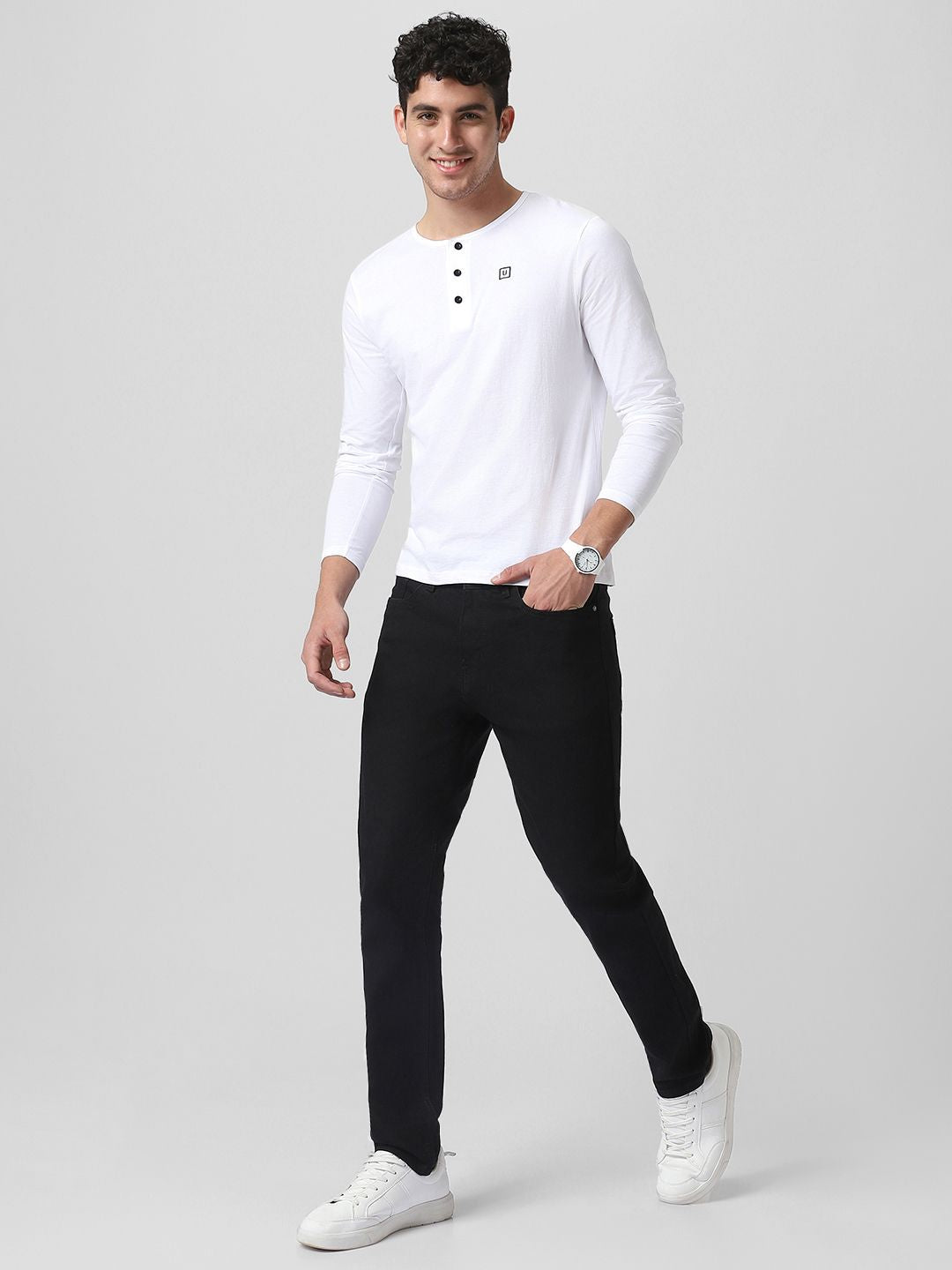 Urbano Fashion Men White Solid Henley Neck Pure Cotton T-shirt