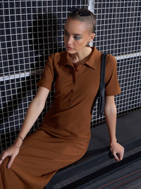 SASSAFRAS Brown Self Design Midi Sheath Dress