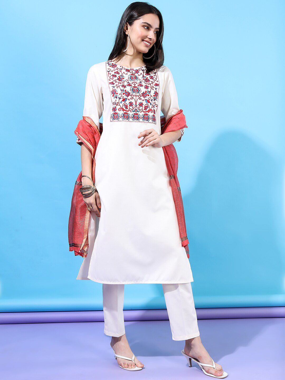 Vishudh Women Cream-Coloured Floral Yoke Design Straight Kurti With Trousers With Dupatta