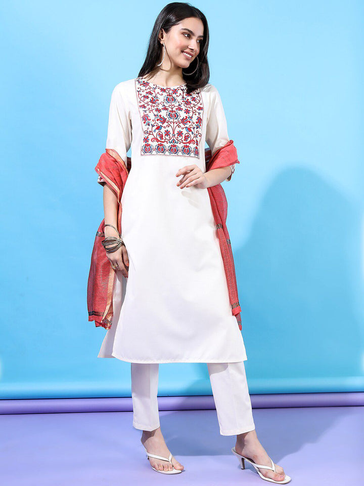Vishudh Women Cream-Coloured Floral Yoke Design Straight Kurti With Trousers With Dupatta