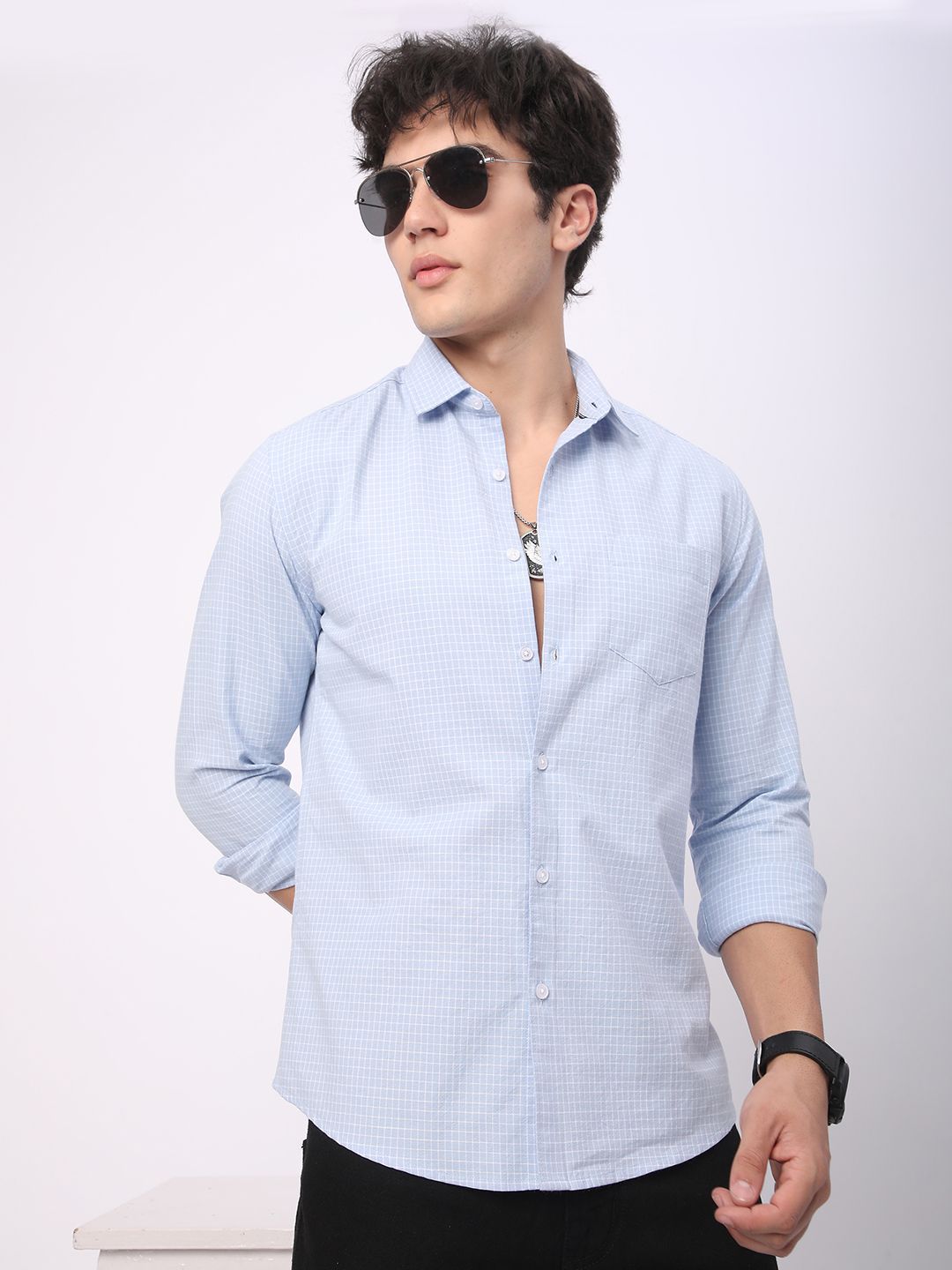 VASTRADO Men Classic Fit Spread Collar Micro Checked Cotton Casual Shirt