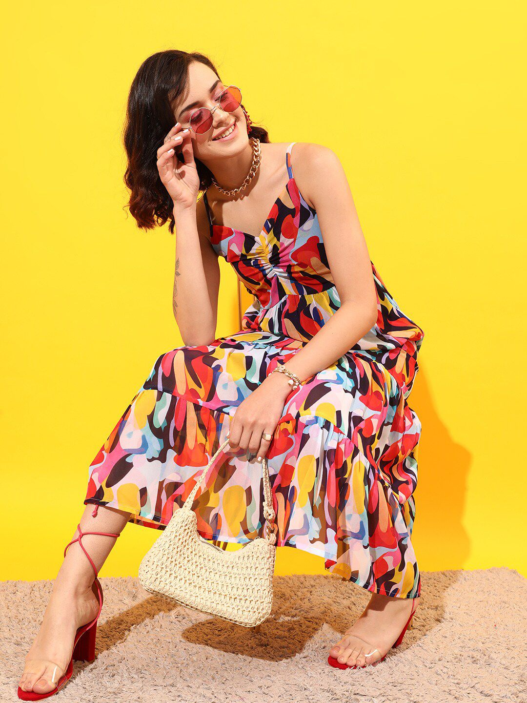 STREET 9 Shoulder Straps Abstract Printed Tiered Chiffon Maxi Dress