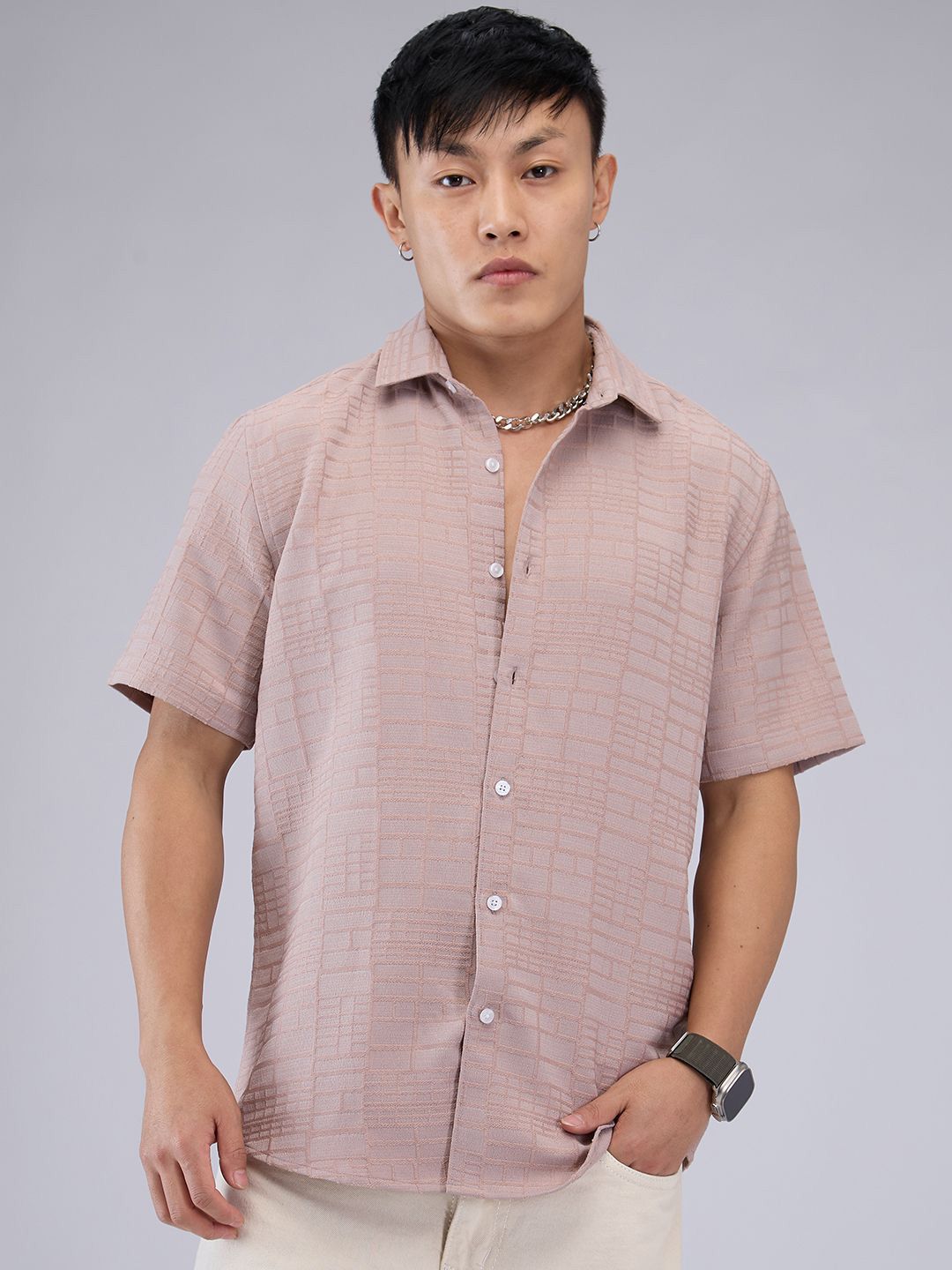 VASTRADO Men Classic Cutaway Collar Textured Slim Fit Casual Shirt