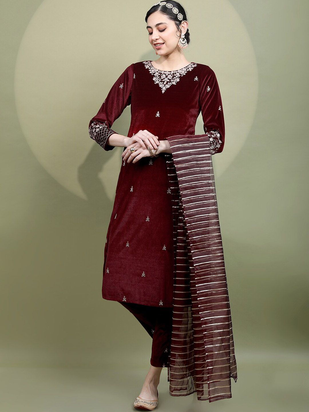 Vishudh Women Maroon Embroidered Knited Velvet Kurta & Trousers with Dupatta