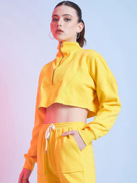 STREET 9 Yellow Mock Collar Pure Cotton Crop Sweatshirt