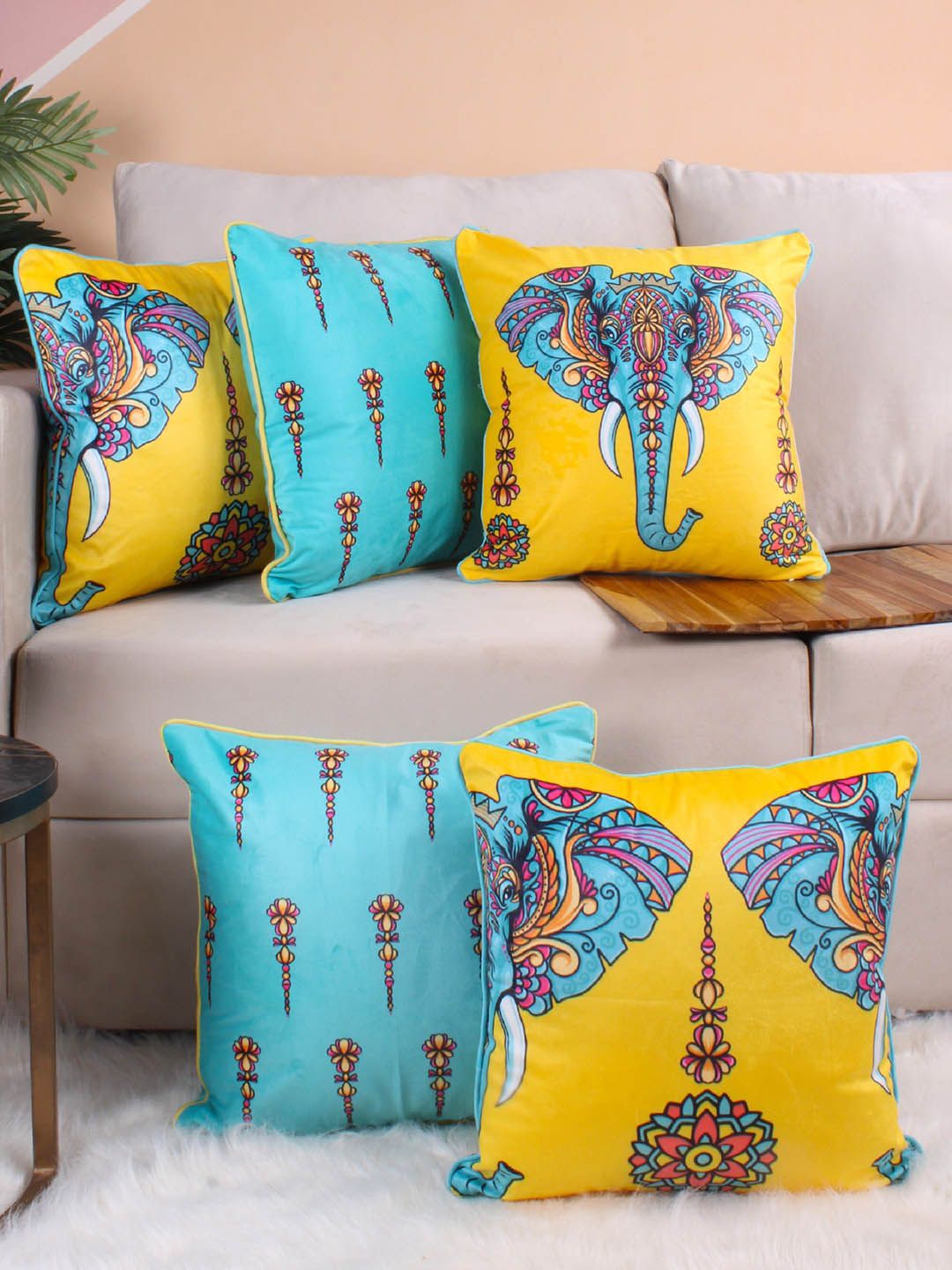 STITCHNEST Yellow & Blue 5 Pieces Ethnic Motifs Velvet Square Cushion Covers