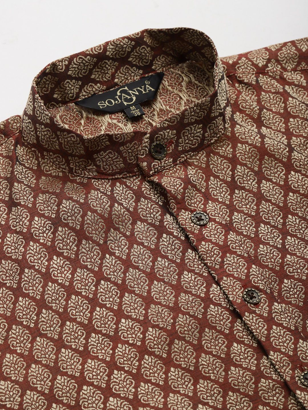 SOJANYA Men Maroon & Golden Self Design Kurta with Churidar & Nehru Jacket