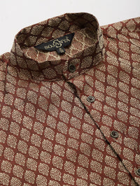 SOJANYA Men Maroon & Golden Self Design Kurta with Churidar & Nehru Jacket