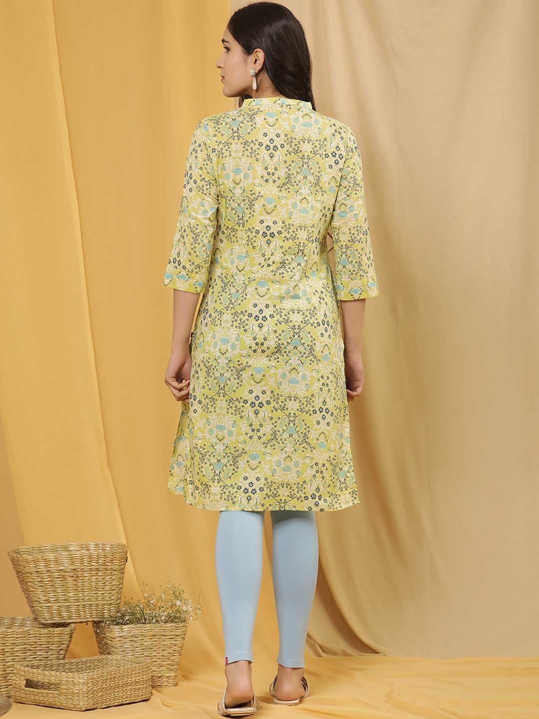 W Floral Printed Mandarin Collar Regular Pure Cotton Kurta