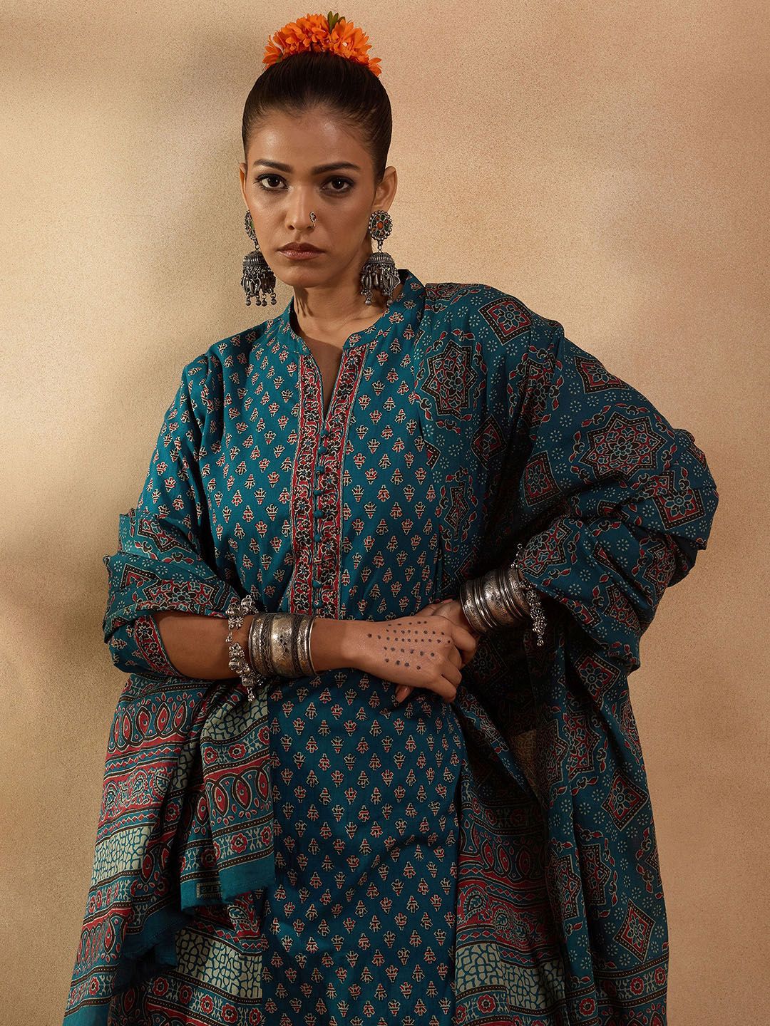 Indo Era Ethnic Motifs Printed Regular Pure Cotton Straight Kurta with Trousers & Dupatta