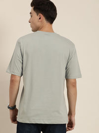 DILLINGER Men Grey & Navy Blue Typography Print Pure Cotton Loose T-shirt